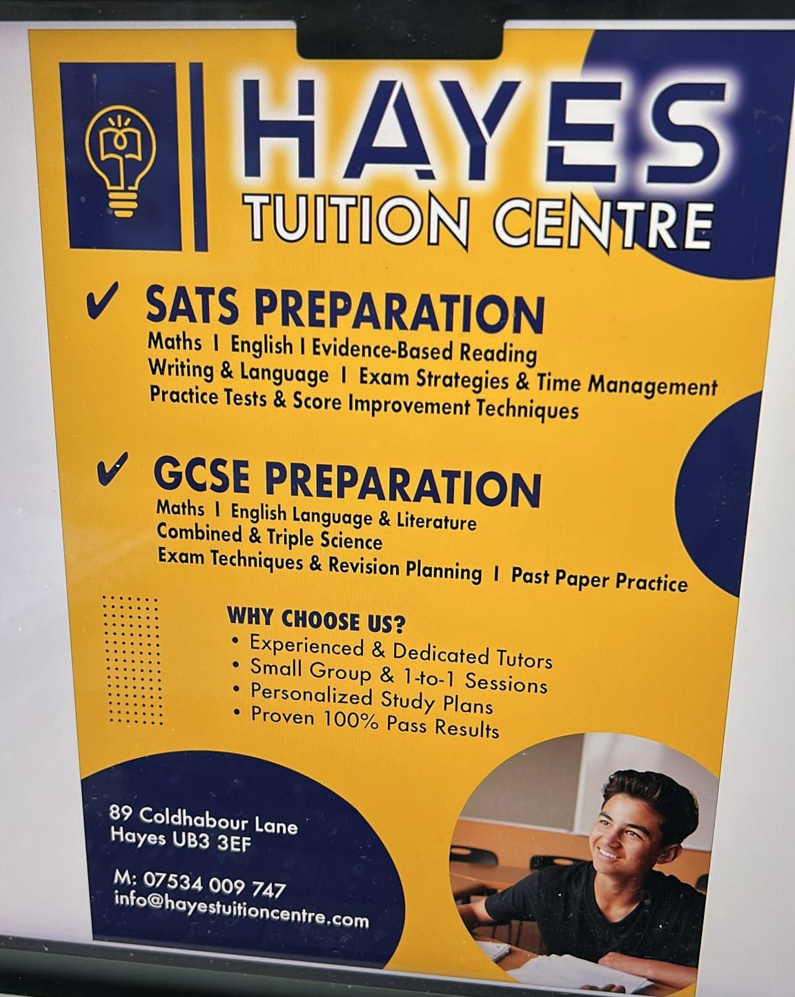 Hayes Tuition Centre official flyer — SATs and GCSE preparation